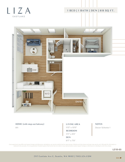 Liza Apartment 3D floor plan - 1x1 818 sqft